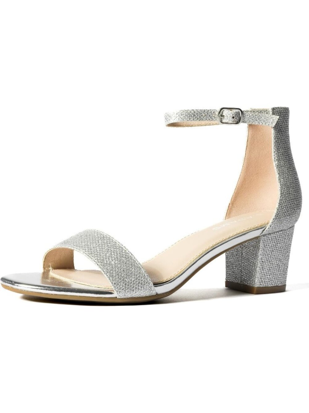 J Adams Women's Silver Glitter Daisy Block Heel Ankle Strap Open Toe Sandal